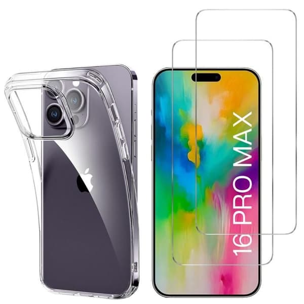 Coque pour iPhone 16 PRO MAX et 2 karkaistua lasia näyttösuojaa Phonillico® Transparent