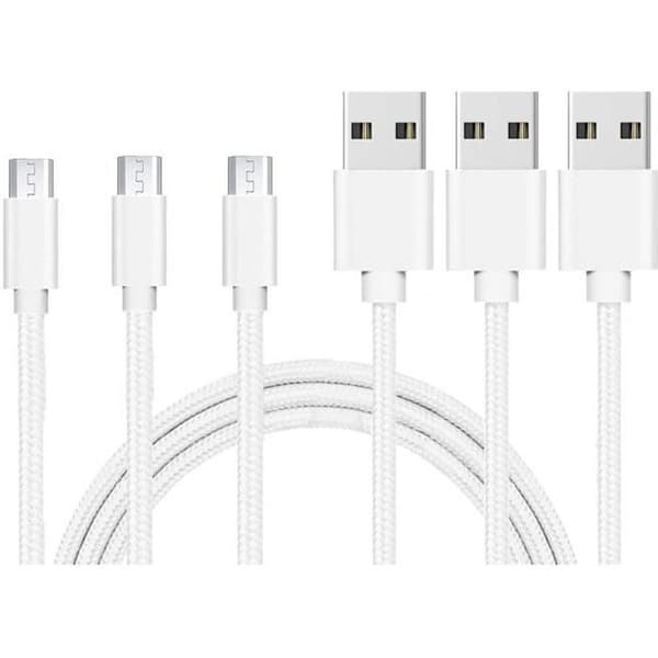 Micro USB-kablar - PHONILLICO - 3-pack - Flätad nylon - Kompatibel med Samsung Galaxy - Silvervit Silver, Vit