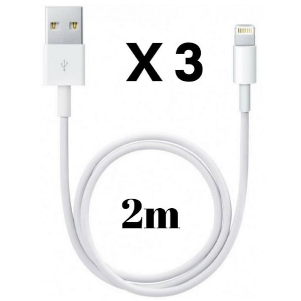 Bunt 3 Kablar 2 Meter Vita för iPhone 11, 11 PRO, 11 PRO MAX, X, XS, XS MAX, XR, 8, 8 PLUS, 7, 7 PLUS, 6, 6 PLUS, 5, 5S, SE[Phonillico®]