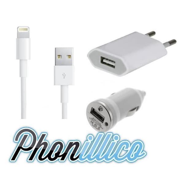 Pack 3 i 1 - PHONILLICO - USB-oplader til iPhone 6 Plus - Biloplader - Stikoplader - USB-kabel