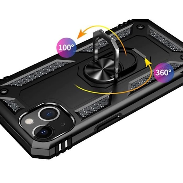 Coque Noir til iPhone 13 (6,1") Stødabsorberende Beskyttelse Militær Stil Robust Ring 360 Rotérbar Phonillico® Svart