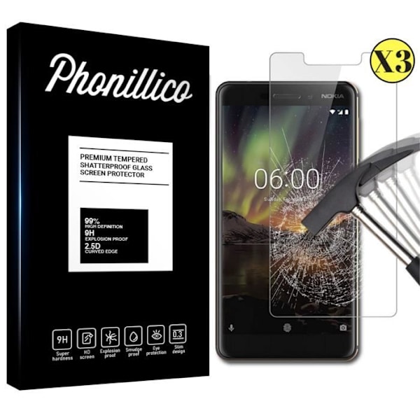 Skyddsglas för skärm - Phonillico® - NOKIA 6.1 2018 - Pack med 3 - Härdat glas - Repbeständigt