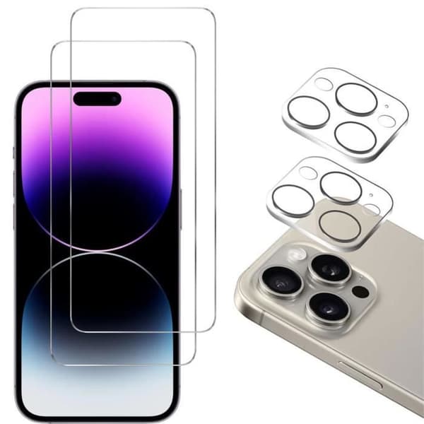 Härdat Glas för iPhone 15 PRO och Kameraskydd [Pack 2] Skyddsglas Film Phonillico® Transparent