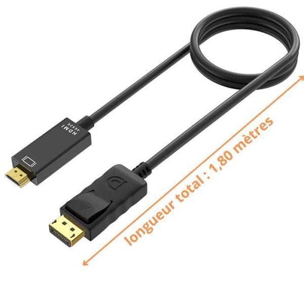 Kabel 4K DisplayPort til HDMI 1,8 meter ensrettet transmission til Lenonvo HP Dell AMD Asus Nvidia Phonillico®