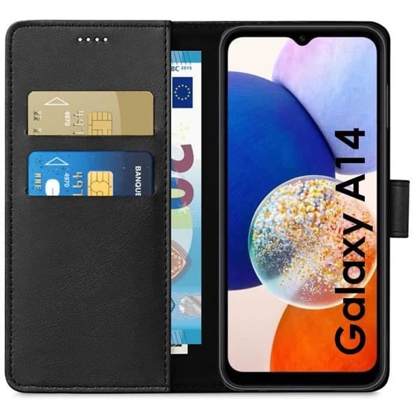 Coque - Phonillico® - Samsung Galaxy A14 - Sorte sort - Magnetisk lukning - Kortholder Svart