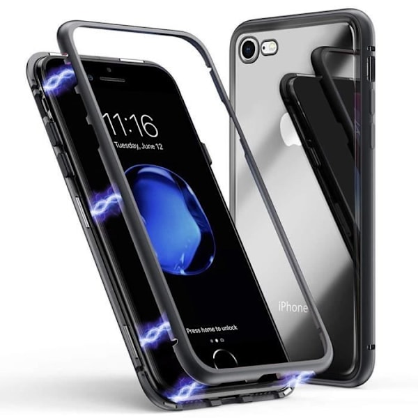 Fodral för iPhone SE 2022 - Svart magnetiskt fodral 360° heltäckande skärmskydd i härdat glas Phonillico® Svart