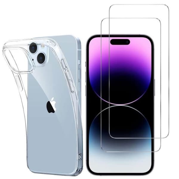 Coque til iPhone 15 PLUS og 2 Tempered Glass Skærmbeskyttelse Phonillico® Transparent