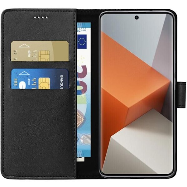 Coque - Phonillico® - Xiaomi Redmi Note 13 PRO PLUS 5G - Musta Lompakko - Nahkavaikutus - Videotuki Svart