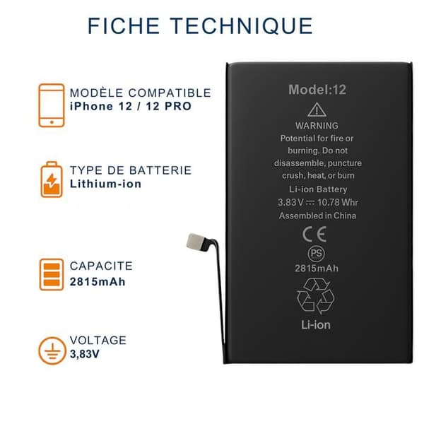 Batteri til iPhone 12 / iPhone 12 PRO - Udskiftningsbatteri 2815mAh Lithium-ion Phonillico®