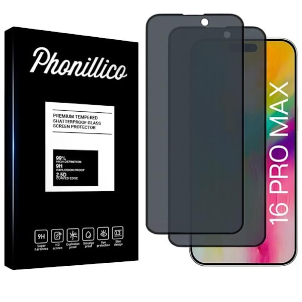 Skärmskydd - Phonillico® - iPhone 16 PRO MAX - Härdat glas - 2-pack - Antispion Svart