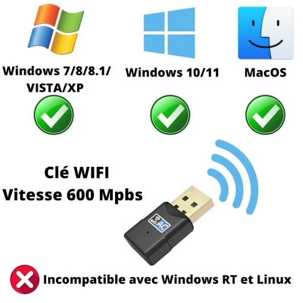 Clé WIFI Dongle USB 600 Mpbs til PC, Computer Kompatibel med Windows 11/10/8.1/8/7/Vista/XP/MacOS Phonillico®