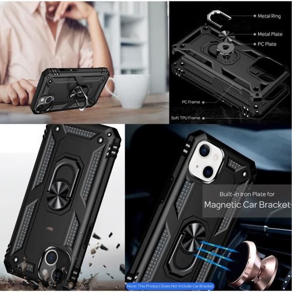 Coque Sort for iPhone 14 - Stødabsorberende Shockproof Militær Stil Robuste Ring 360 Rotérbar Phonillico® Svart