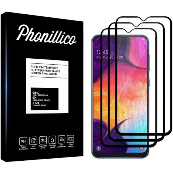 Härdat Glas - Phonillico® - Samsung Galaxy A50 - Pack om 3 - Transparent - Svart Kant - Repellentskyddad Transparent, svart