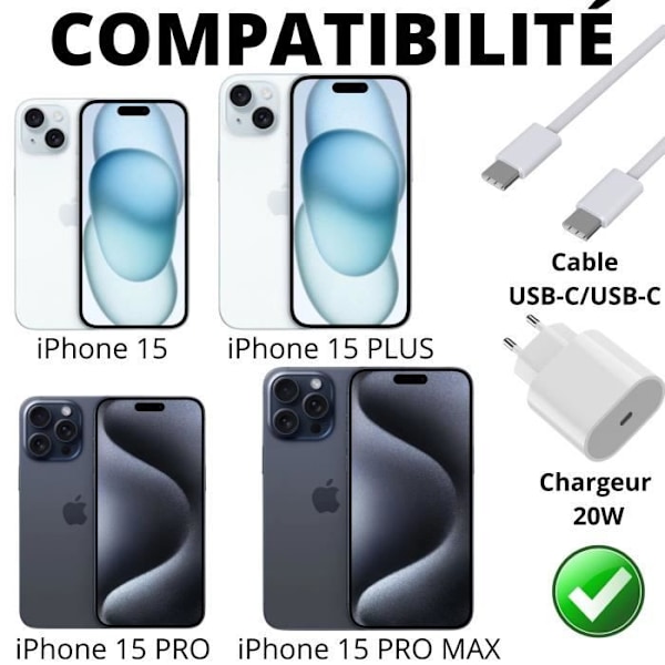 Lot 2 Snabbladdare 20W + 2 USB-C till USB-C 1 meter kablar för iPhone 15 - 15 PLUS - 15 PRO - 15 PRO MAX Phonillico®