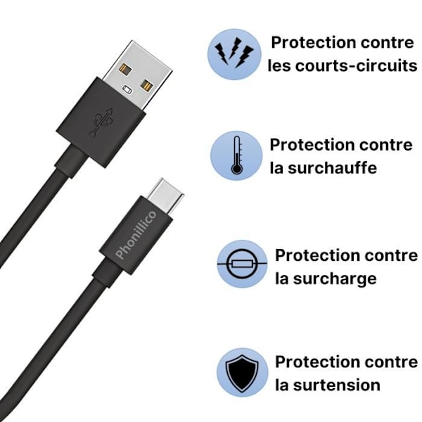 Lot 3 Kablar 20cm USB-C Svart för Honor 8 / Honor 9 / Honor 10 / Honor PLAY / Honor VIEW 10 Phonillico® Svart
