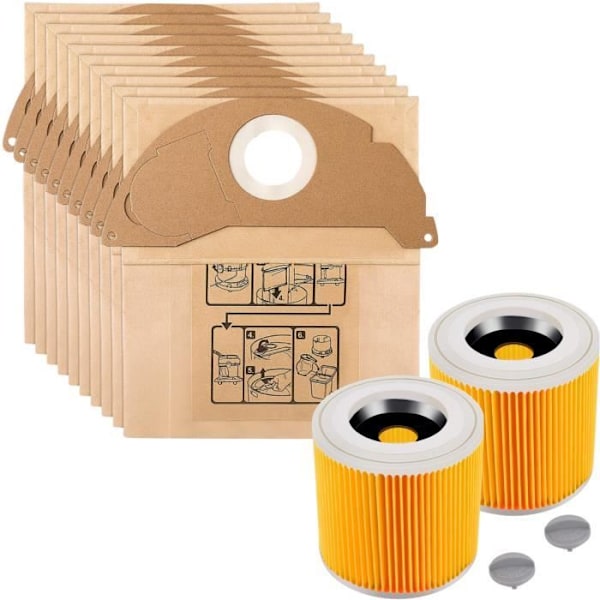 Sopsäck och Filter för Karcher WD2 Ersättningssäckar 6.904-322 [Förpackning 10] Ersättningsfilter 6.414-552.0 [Förpackning 2] Phonillico®
