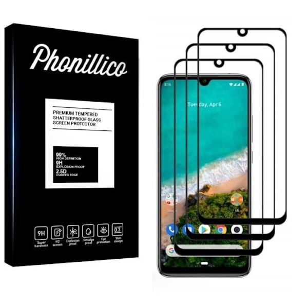 Hærdet Glas - Phonillico® - Xiaomi MI A3 - Pakke med 3 - Gennemsigtig - Sort Kant - Ridsefast Transparent, svart