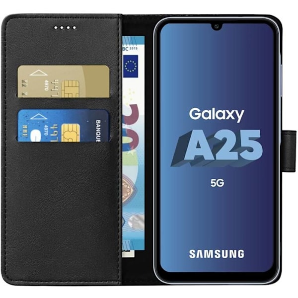 Coque - Phonillico® - Samsung Galaxy A25 5G - Plånbok Svart - Läderlook - Stödfunktion Svart