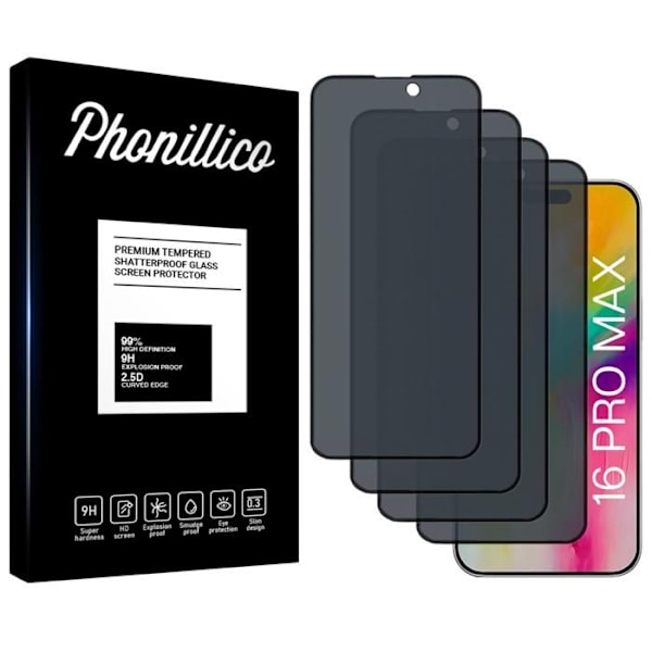 Näytönsuojus - Phonillico® - iPhone 16 PRO MAX - Karkaistu lasi - 4 pakkaus - Vakoilunesto Svart