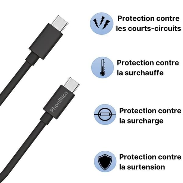 Kabel 20 cm USB-C USB-C Sort til OnePlus 10 Pro / OnePlus 9 / OnePlus 9 Pro / OnePlus 8 / OnePlus 8T / OnePlus 7T Phonillico® Svart