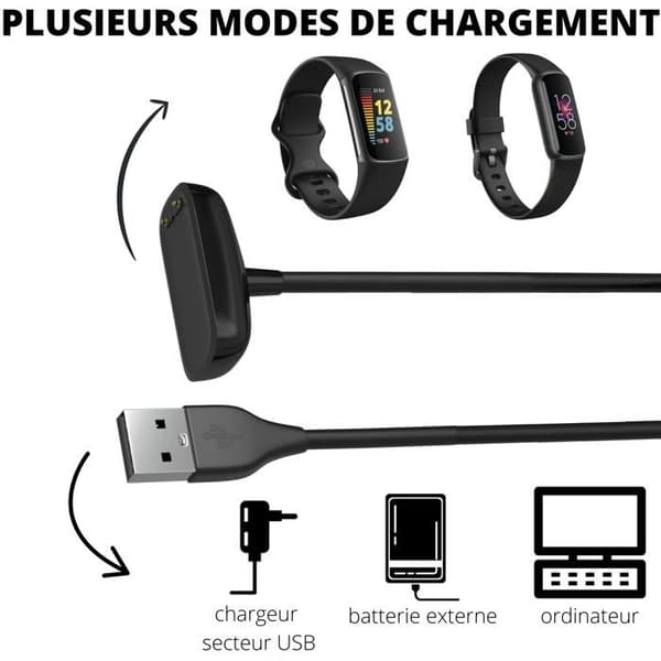 "Kompatibel oplader til Fitbit Charge 6 / Charge 5 / Fitbit Luxe - USB-kabel 1 meter erstatningsadapter til smartwatch Phonillico®" Svart