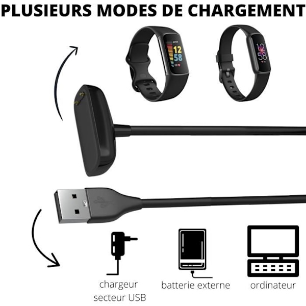 Laddare kompatibel med Fitbit Charge 6 / Charge 5 / Fitbit Luxe - USB-kabel 1 meter Ersättningsadapter Laddare Klocka Phonillico® Svart