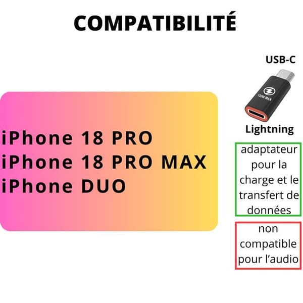 2 kpl USB-C - Lightning -sovittimia yhteensopivia iPhone 18 PRO/iPhone 18 PRO MAX/iPhone DUO Phonillico® Svart