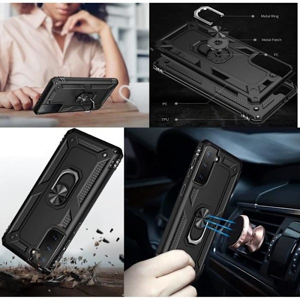 Coque Noir til Samsung S22 5G - Stødabsorberende Beskyttelse Militær Style Robust Ring 360 Rotations Phonillico® Svart