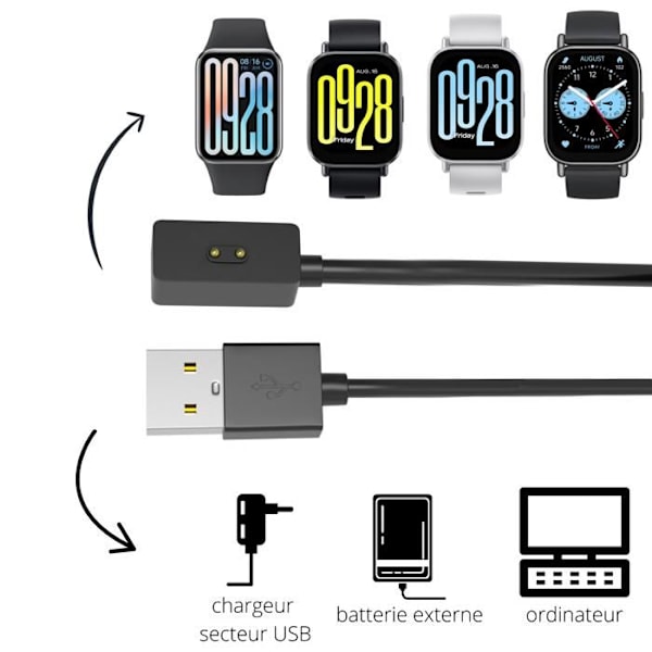 Kompatibel Laddare för Xiaomi Redmi Watch 5/Redmi Watch 4/Smart Band 9/Smart Band 8 [2-pack] USB-kabel 1 meter Laddare för Klocka Svart