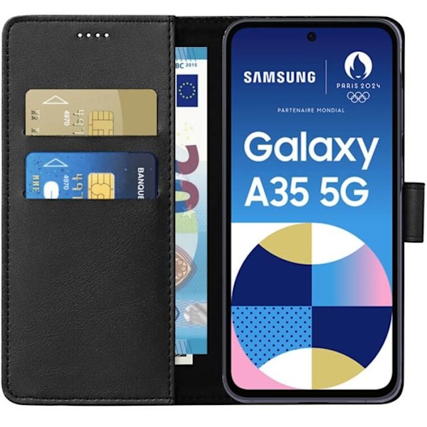 Coque - Phonillico® - Samsung Galaxy A35 5G - Sort Portefeuille - Læderlook - Støttefunktion Svart