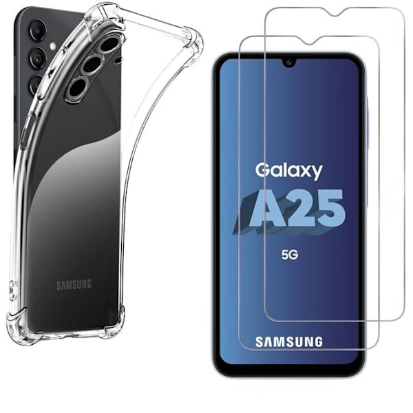Iskuja kestävä kuori - Phonillico - Samsung Galaxy A25 5G - Pehmeä silikoni - 2 Karkaistua lasia - Vahvistettu suojaus Transparent