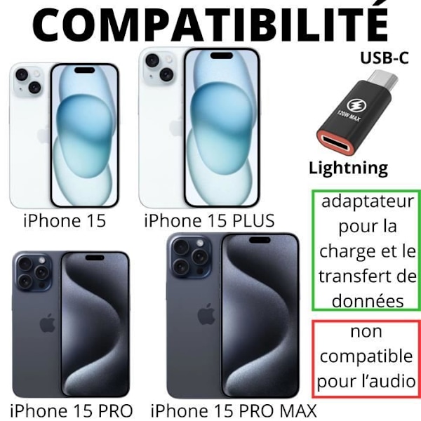 Lot 2 USB-C:sta Lightningiin soveltuvat adapterit iPhone 15:lle - iPhone 15 PLUS:lle - iPhone 15 PRO:lle - iPhone 15 PRO MAX:lle Phonillico®