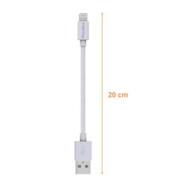 Kabel 20 cm USB Lightning Laddare Vit för iPhone X/XS/XS MAX/XR/7/7 PLUS/8/8 PLUS/6/6S/6 PLUS/6S PLUS/5/5S/SE/AirPods Phonillico