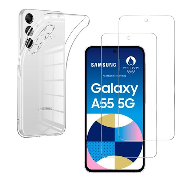 Coque för Samsung Galaxy A55 5G och 2 Glas Skärmskydd Film Phonillico® Transparent