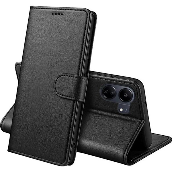 Coque - Phonillico® - Xiaomi Redmi 13C - Plånbok Svart - Läderlook - Videostöd Svart