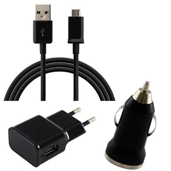 [Kompatibel XIAOMI REDMI 4A-4X-5A-5PLUS-6A-6PRO-S2] 3-i-1 Opladerpakke - Kabel-Oplader Stik-Køretøjs Oplader Sort [Phonillico®] Svart