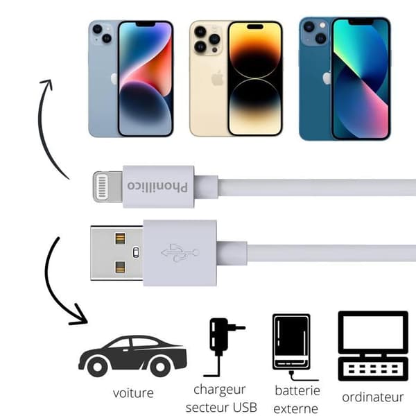 Kabel 20cm USB Lightning Oplader Hvid til iPhone 14 / 14 PLUS / 14 PRO / 14 PRO MAX / 13 / 13 MINI / 13 PRO / 13 PRO MAX Phonillico