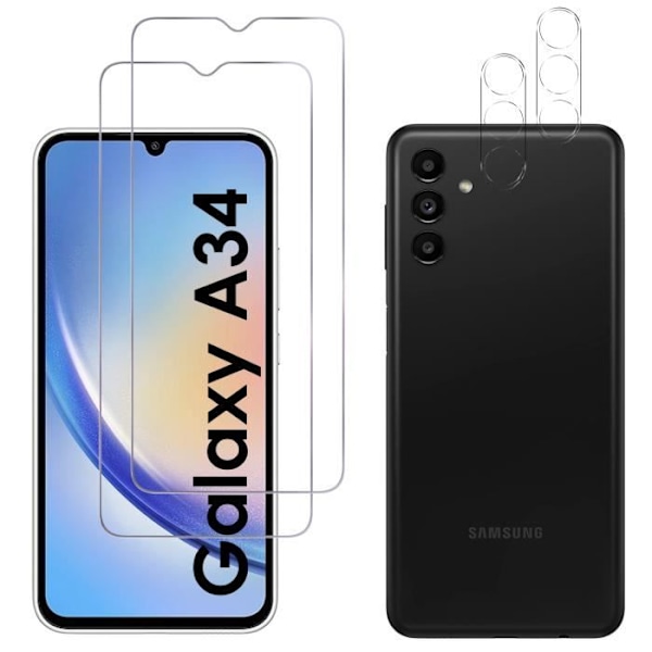 Hærdet Glas til Samsung Galaxy A34 5G og Kamerabeskyttelse [Pack 2] Beskyttelsesfilm Phonillico®
