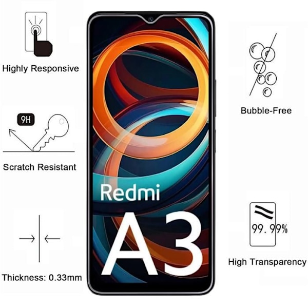 Beskyttelsesfilm til skærm - Phonillico® - Xiaomi Redmi A3 - Pack med 2 - Tempereret glas - Ridsefast Transparent