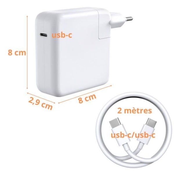 Laddare 87W - Phonillico - USB-C - Kompatibel med MacBook PRO/AIR - USB-C-kabel 2m - Vit