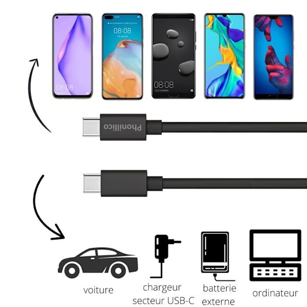 Lot 3 Kablar 20 cm USB-C USB-C Svart för Huawei Y8P / P SMART 2021 / P SMART S / P SMART Z Phonillico® Svart