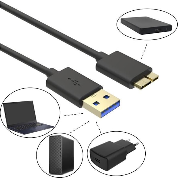 USB 3.0 Han till Micro B-kabel för WD My Passport-Elements-My Book- Toshiba-Seagate-Hitachi - 1m Phonillico®