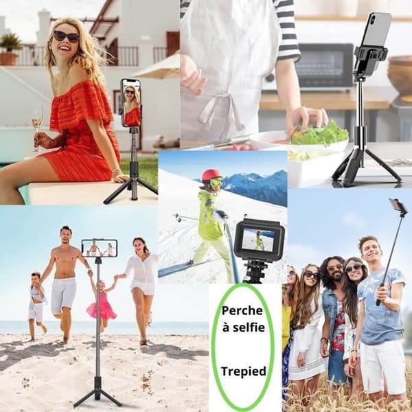 Perche Selfie Bluetooth avec Télécommande détachable Trepied Extensible Téléscopique pour iPhone Samsung Xiaomi Huawei Phonillico®
