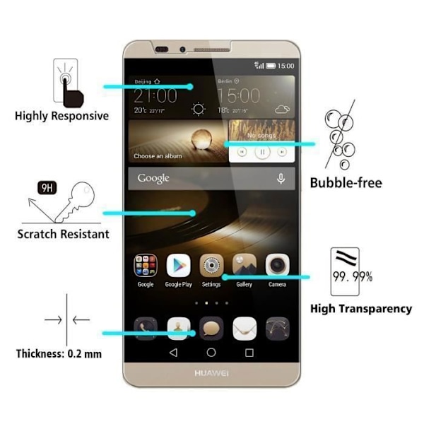 Näytönsuojus - Phonillico® - HUAWEI MATE 7 - Karkaistu Lasi - Erittäin Kestävä - Paketti 1 mukana Wipeja Transparent
