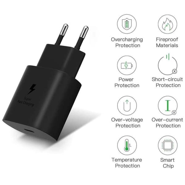 Hurtigoplader 25W + USB-C til USB-C-kabel til Samsung Galaxy S23 S22 S21 S20 PLUS ULTRA NOTE 20 Phonillico® Svart