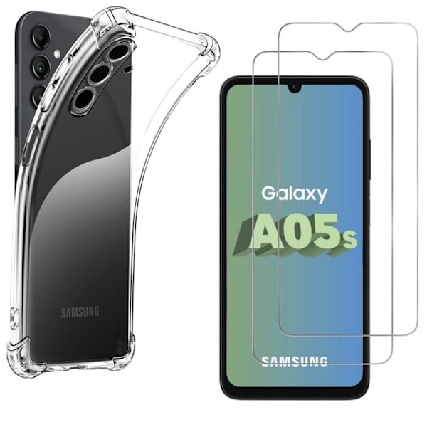 Stötthållare - Phonillico - Samsung Galaxy A05S - Mjuk silikon - 2 härdat glas - Förstärkt skydd Transparent