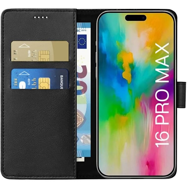 Coque til iPhone 16 PRO MAX - Sort Portefølje med Magnetisk Klap og Plads til Kort Phonillico® Svart