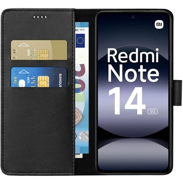 Coque til Xiaomi Redmi Note 14 5G - Sort Pung med Magnetisk Klap og Kortopbevaring Phonillico® Svart