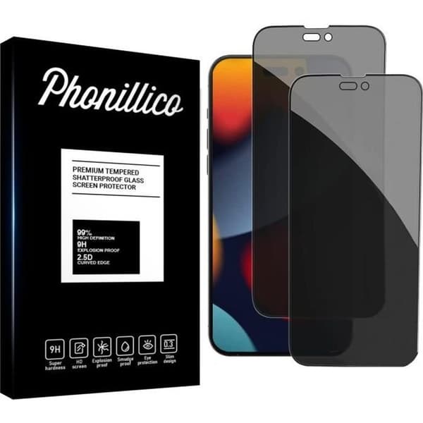 Skyddsfält - Phonillico - iPhone 14 PRO MAX - Pack med 2 - Antispion - Härdat glas Svart