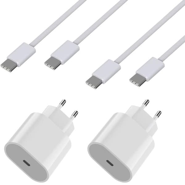Lot 2 Hurtigopladere 20W + 2 USB-C til USB-C kabler 2 meter til iPhone 18 PRO/iPhone 18 PRO MAX/iPhone DUO - Phonillico® Vit